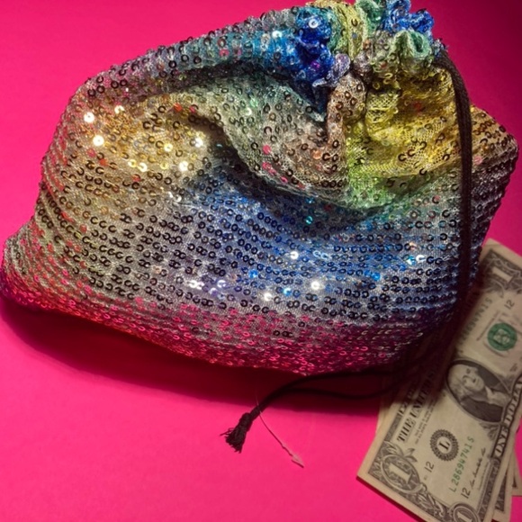 Sequin Stripper Money Bag Wristlet Rainbow Iridescent Bling Rave Dance wear Club - Picture 8 of 15